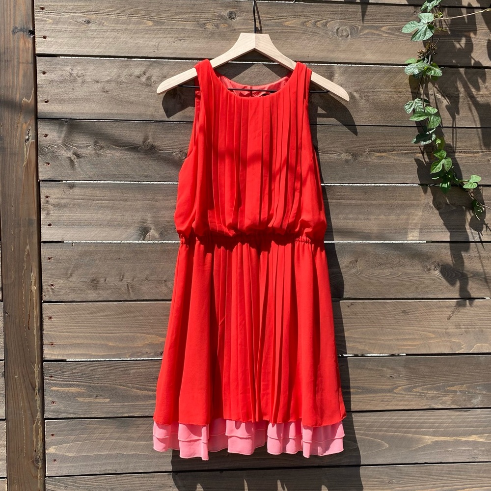 Red & Pink Knife-Pleated Dress